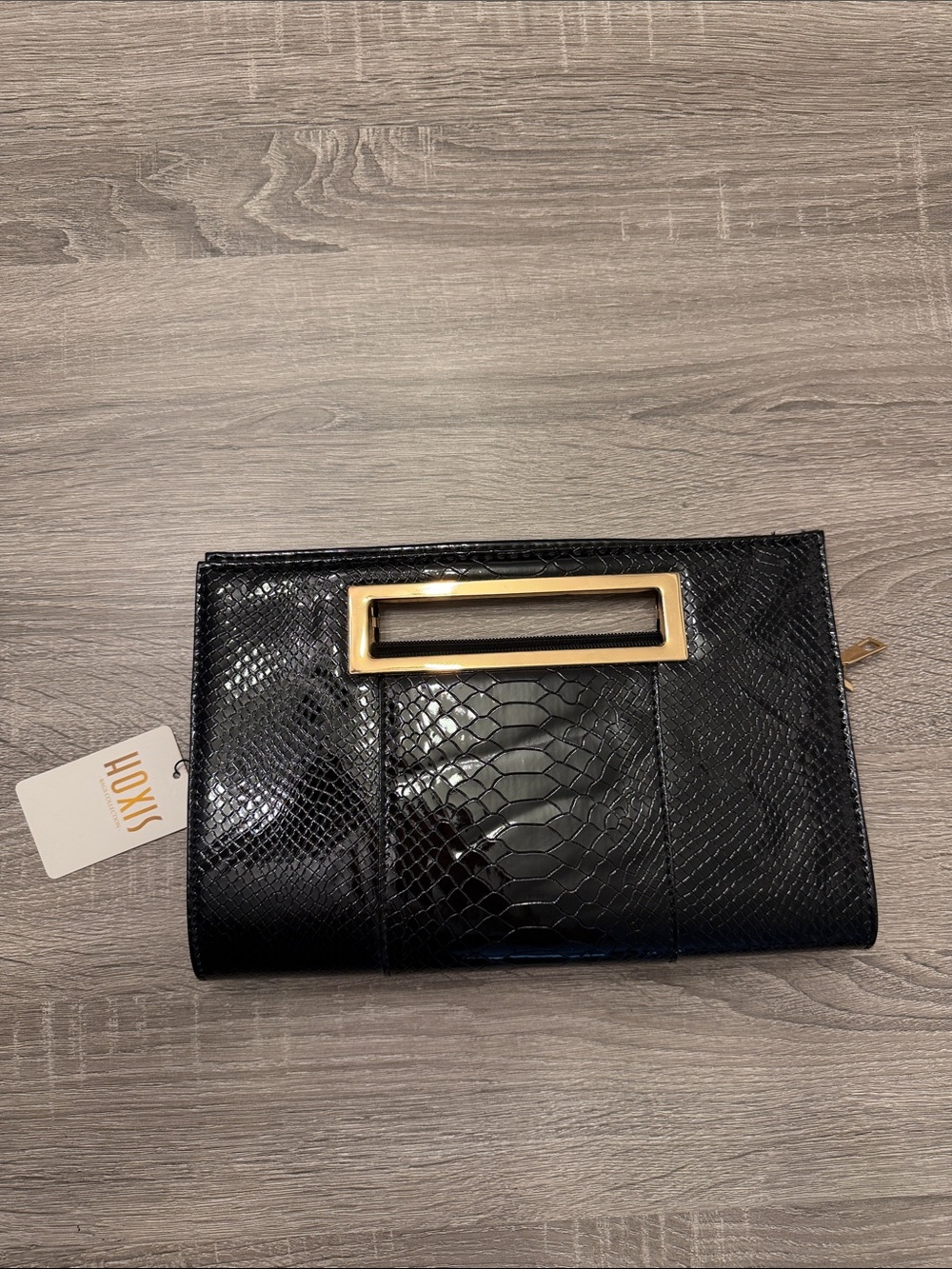 Hoxis Black Faux Snake-Embossed Clutch with Gold Handle